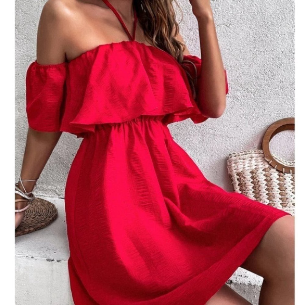 Tie Back Off Shoulder Ruffle Trim Dress - Picture 8 of 9